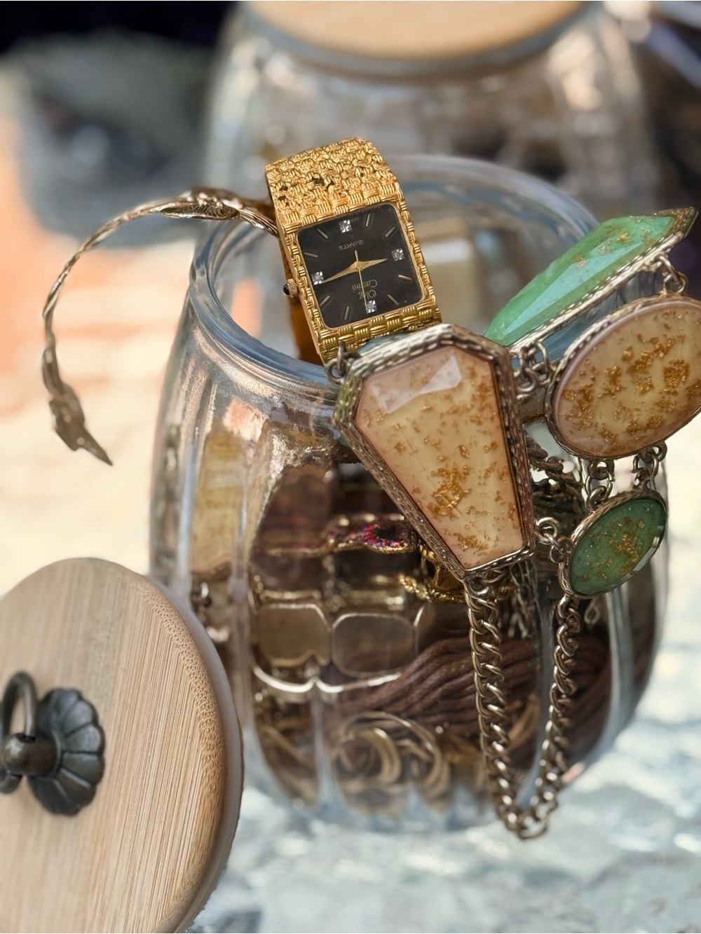 Gold-Tone Bracelet Watch with Resin Statement Bracelet - Gold & Cream